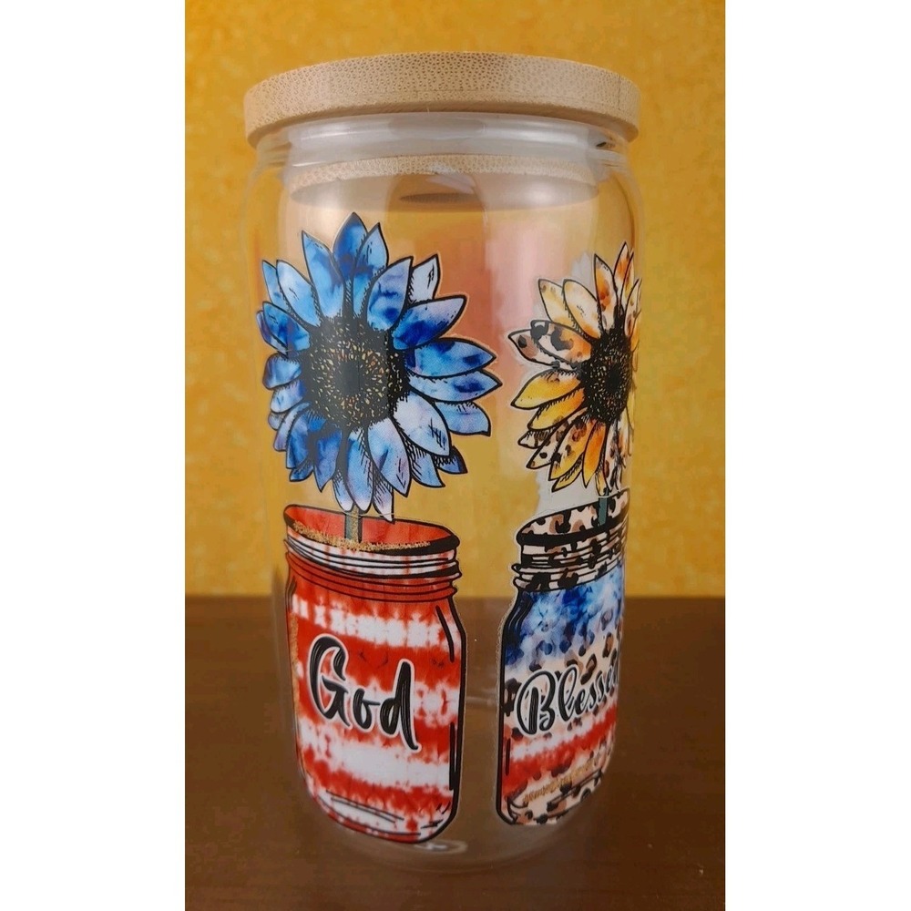 God Blessed America Jars And Flowers 12oz Glass Tumbler With Lid And Straw